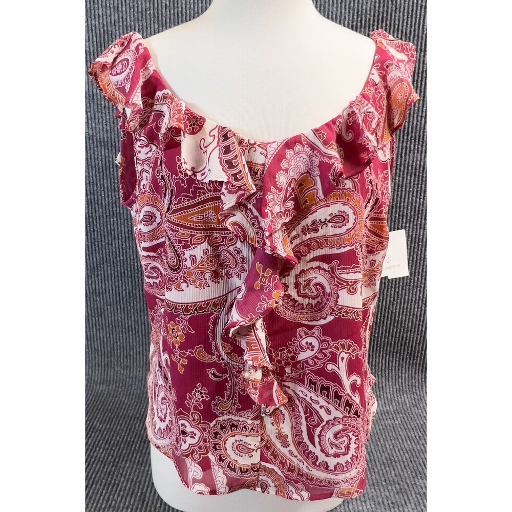 Liz Claiborne Shirt Womens 14 Pink Paisley Blouse Polyester‎ Ruffled Scoop Neck